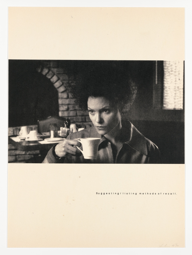 Woman with curly hair holding a coffee cup, looking pensive in a dimly lit room with text "Suggesting/listing methods of recall."
