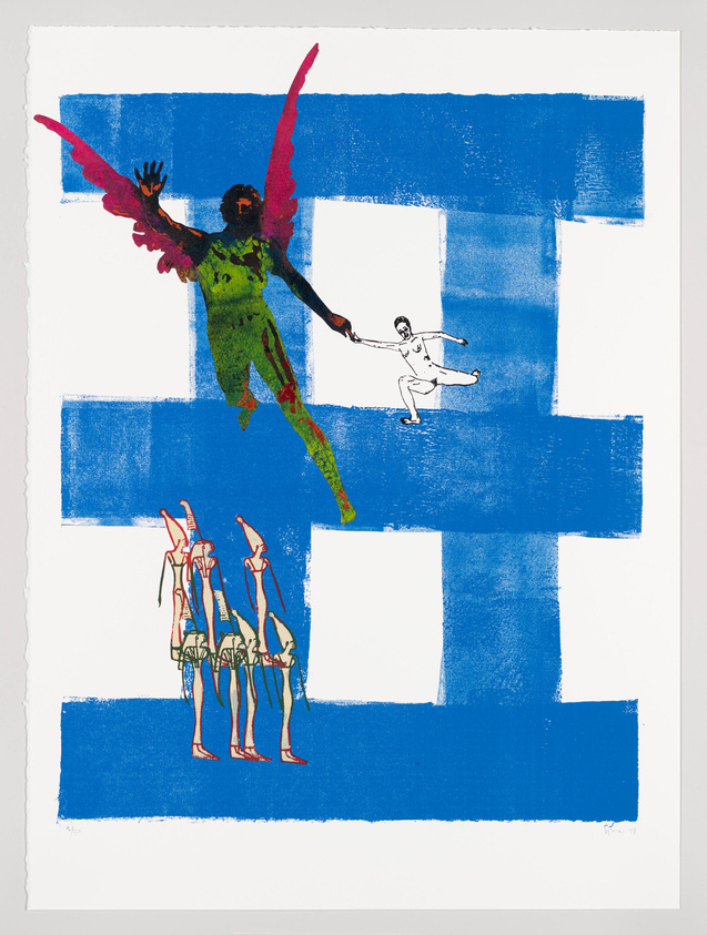 A colorful abstract artwork featuring a large blue geometric pattern in the background with a green and pink winged figure in the center, a small white figure to the right, and a group of figures with elongated limbs in red and green at the bottom.
