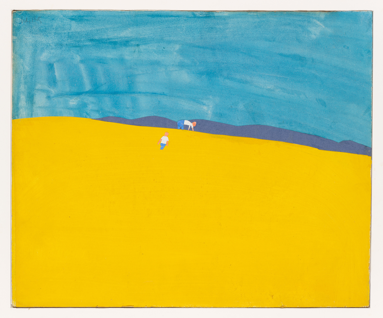 A vibrant abstract painting featuring a large yellow foreground that resembles a hill or field, with two small figures in the middle distance, one in blue and the other in white and red. The background consists of a dark blue mountain range beneath a light blue sky with textured brushstrokes. The artwork has a simplistic and childlike quality.