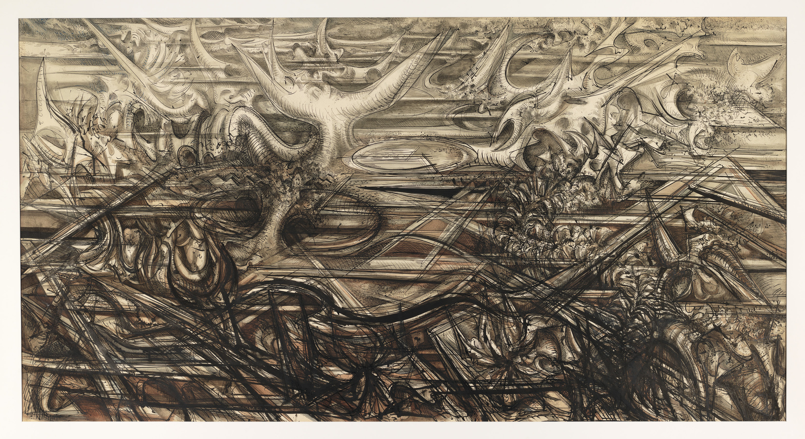 A detailed and intricate drawing featuring a chaotic blend of swirling lines, organic shapes, and abstract forms that create a dynamic and complex composition. The artwork has a monochromatic color scheme with various shades of brown and black, emphasizing the textural details and the sense of movement within the piece.