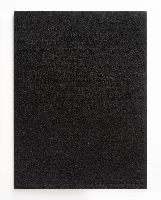 A textured black canvas with subtle, barely visible text and patterns, creating a minimalist and abstract appearance.