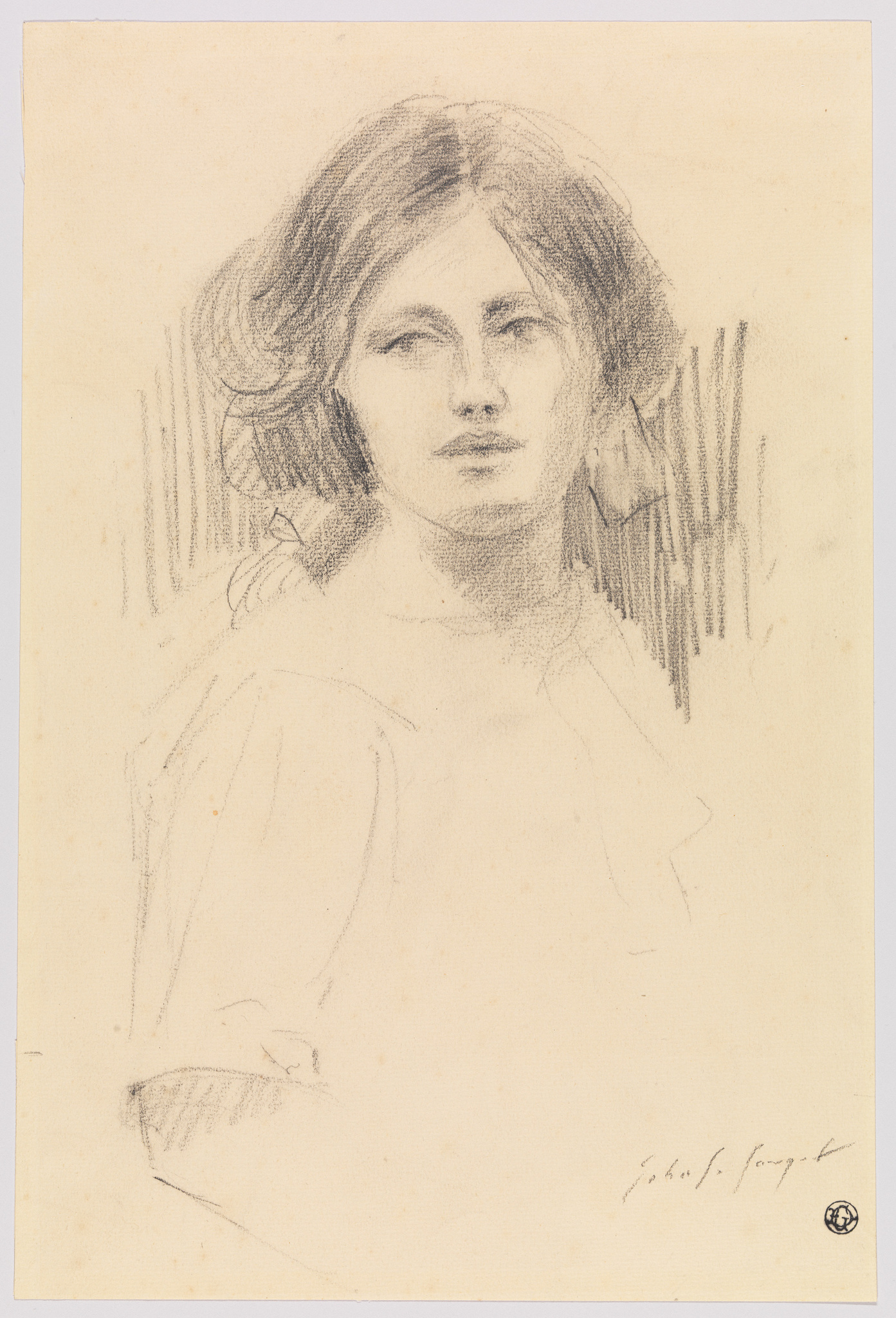Pencil sketch on aged paper depicting the portrait of a young woman with a gentle expression, her hair loosely styled, gazing slightly to the left of the viewer. The artist's signature is visible at the bottom right.