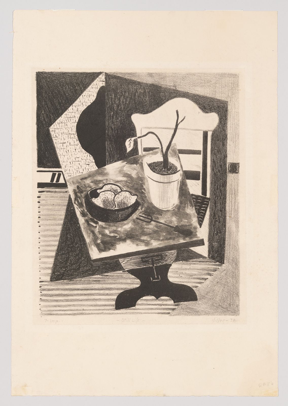 Black and white lithograph depicting an abstract still life scene with geometric shapes and patterns. A table with a curved base holds a bowl of fruit and a potted plant with a single elongated leaf. The background features contrasting textures and a chair with a curved backrest. The artwork is signed "Diller - 32" in the bottom right corner and labeled "7 Imp... Still Life" on the bottom left.