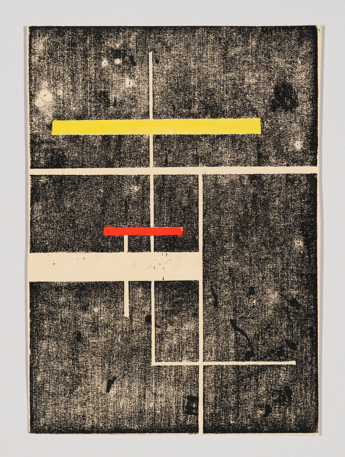 A textured abstract artwork featuring geometric shapes with a dominant black background. Horizontal and vertical white lines create a grid-like pattern, intersected by a bold yellow horizontal bar near the top and a red horizontal bar slightly below the center. The piece has a rough, aged appearance with spots and marks scattered throughout.