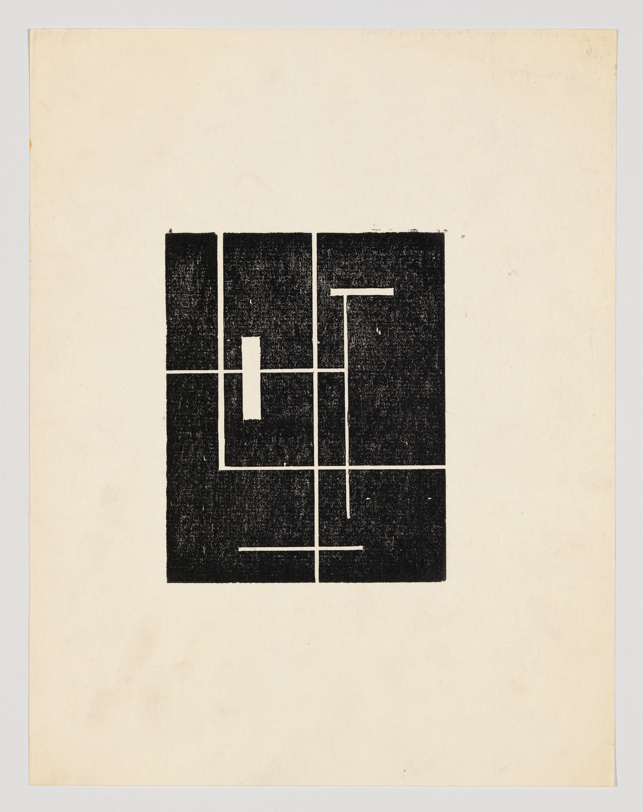 A black and white abstract print featuring a central square composed of various intersecting lines and blocks, creating a sense of geometric balance, on a cream-colored background.