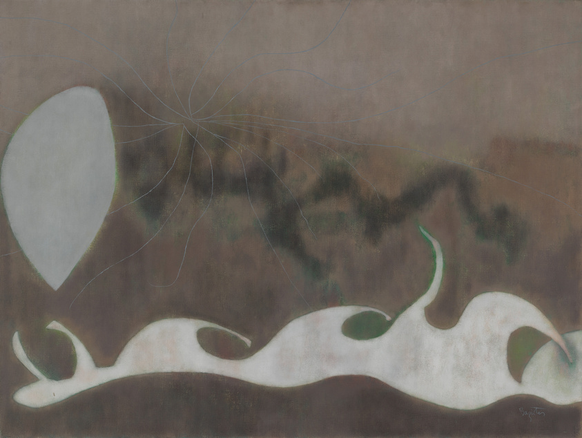 An abstract painting featuring a large, heart-shaped white form on the left with thin, curving lines radiating from it across a muted brown and green background. Below, a white, bone-like shape stretches horizontally with green accents, resembling a landscape or organic form. The artist's signature is visible in the lower right corner.
