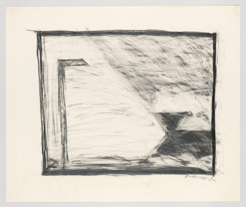 A black and white abstract sketch with dynamic lines and shading, featuring a prominent rectangular frame within the composition, signed by the artist in the lower right corner.
