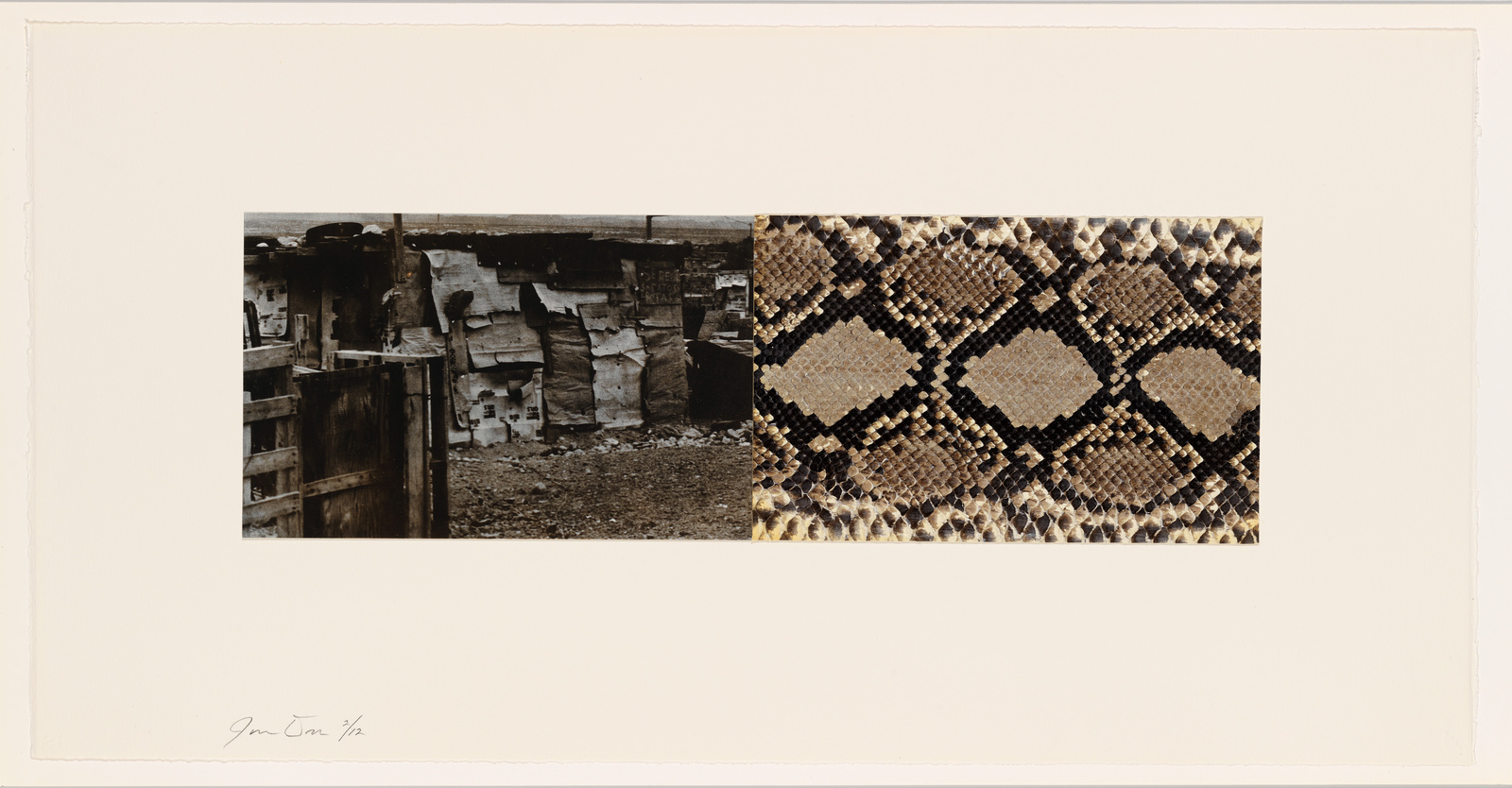 A photograph featuring a collage of two contrasting images: on the left, a black and white image of a dilapidated urban area with makeshift structures, and on the right, a close-up of a textured fabric with a diamond-shaped pattern in earth tones. The artwork is mounted on a cream-colored paper with the artist's signature and edition number on the bottom left.
