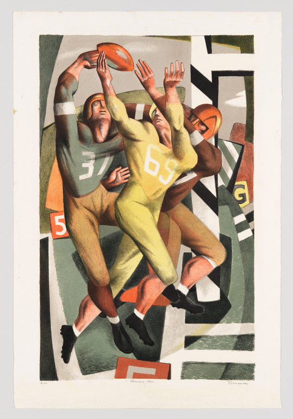 Vintage illustration of two football players in a dynamic leap for the ball, with abstract geometric shapes in the background.