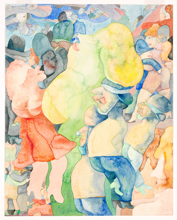 A colorful watercolor painting depicting a crowd of abstract, overlapping human figures in various hues and shades. The figures are rendered in a fluid, dreamlike style with no distinct facial features, blending into one another to create a sense of movement and unity.