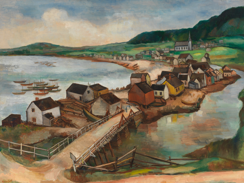 A painting depicting a coastal village with a variety of houses and buildings along the shoreline. A wooden bridge in the foreground leads to the clustered structures. Boats are moored in the calm water, and rolling hills provide a backdrop under a sky with soft clouds. The artwork has a rustic, impressionistic style.