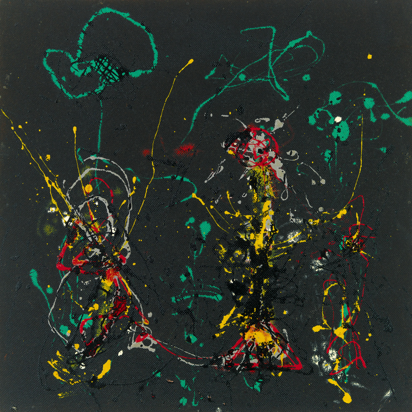 Abstract expressionist painting with splatters and dribbles of paint in vibrant colors such as red, yellow, green, and white on a dark background, reminiscent of the style of Jackson Pollock.