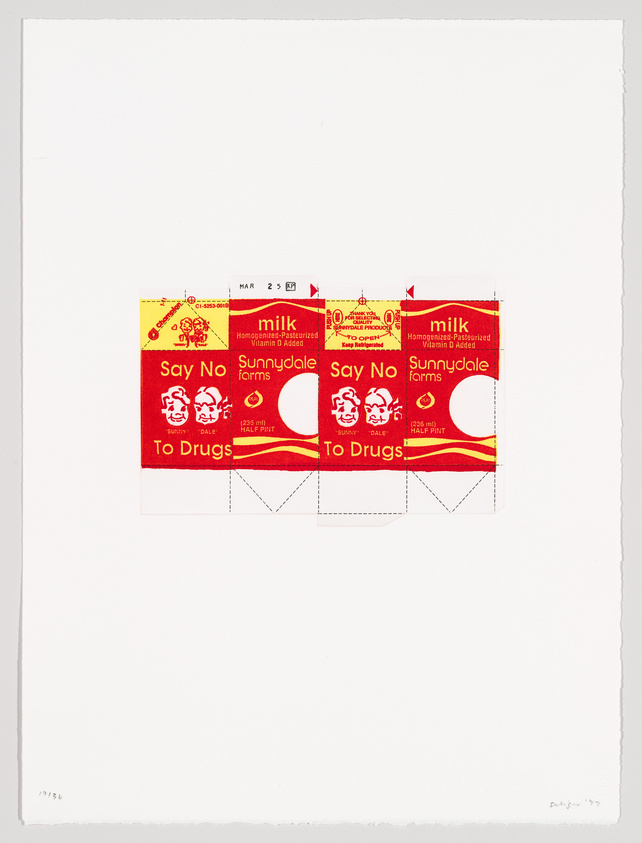 Artwork featuring two red and yellow milk carton tops with "Say No To Drugs" slogan.