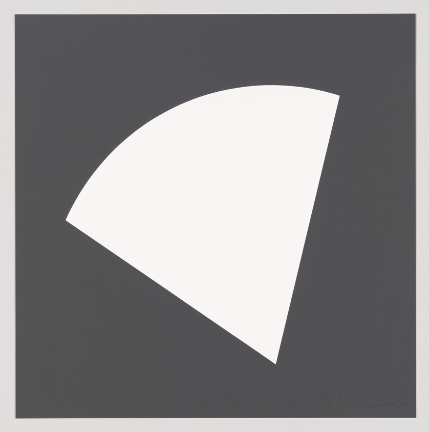A minimalist artwork featuring a white quarter-circle against a dark gray square background, with the artist's signature in the bottom right corner.