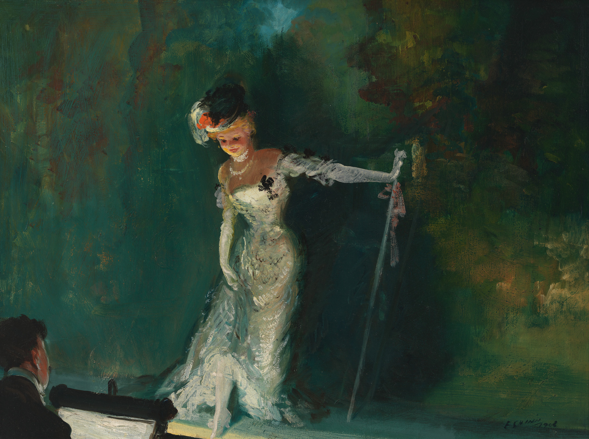 A painting depicting a woman in an elegant, shimmering gown performing on stage, with a man in the foreground watching her. The woman is bathed in a spotlight that highlights her dress and joyful expression, while the rest of the scene is shrouded in darker tones, creating a dramatic contrast.