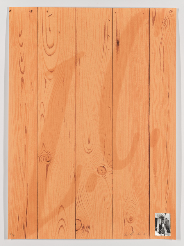 A high-resolution image of a realistic drawing of wooden planks with natural grain patterns and knots. The drawing is signed and numbered in the bottom left corner and has a small, detailed black and white photograph of a person affixed to the bottom right corner.
