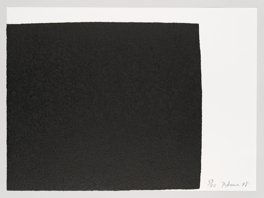 A textured black square dominates the center of the image, set against a white background. The lower right corner of the white space features a signature and a date.