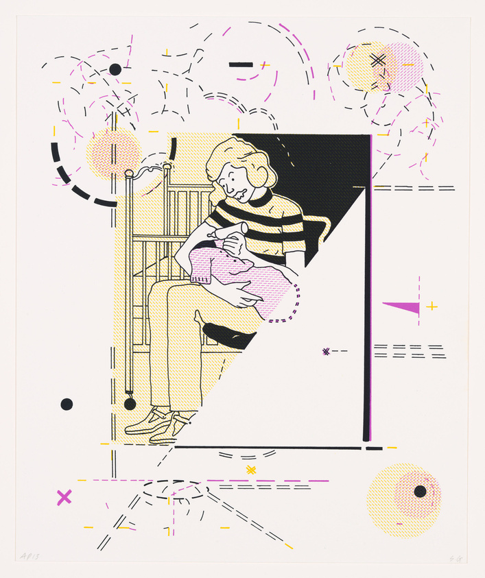 Graphic artwork featuring a stylized illustration of a person sitting and knitting, with a geometric and abstract background in a limited color palette of yellow, black, and pink, with various shapes and lines creating a dynamic composition.