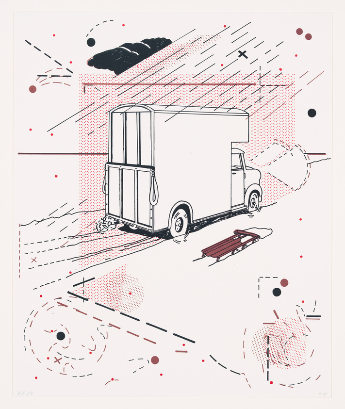 A stylized graphic print featuring a side view of a white delivery truck in the center, surrounded by abstract patterns and shapes in red and black. The background is dotted with various geometric forms, lines, and halftone patterns, creating a dynamic and somewhat chaotic scene. There is a bench with a snow-covered backrest on the right side of the truck, and the image has a sketch-like quality with a limited color palette.