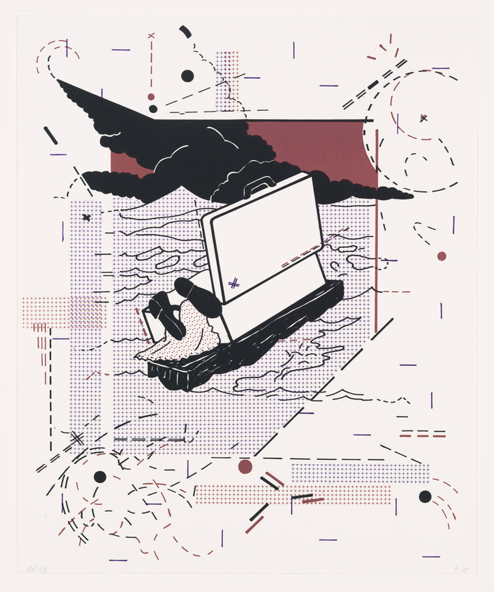 A stylized graphic print featuring a mix of abstract and representational elements. A central figure appears to be a hand holding an open briefcase with papers spilling out, set against a backdrop of geometric shapes, dotted patterns, and cloud-like forms. The color palette is limited, with red, black, and blue lines and shapes overlaid on a white background. The composition is dynamic, with various lines and marks suggesting movement and energy.