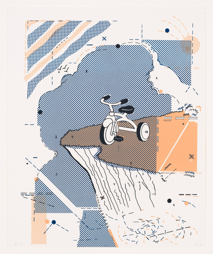 Graphic artwork featuring an abstract composition with a scooter, geometric shapes, and patterns in a limited color palette of blue, orange, black, and white. The image has a retro, technical drawing aesthetic with numbered elements and dotted lines.