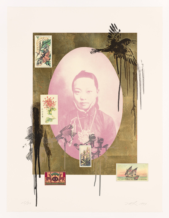 A mixed media artwork featuring a central oval portrait of a young Asian individual surrounded by various elements including a bird in flight, dripping black ink, and vintage illustrations of flowers, a ship, and cigarette cards. The composition has a collage-like aesthetic with a muted color palette.