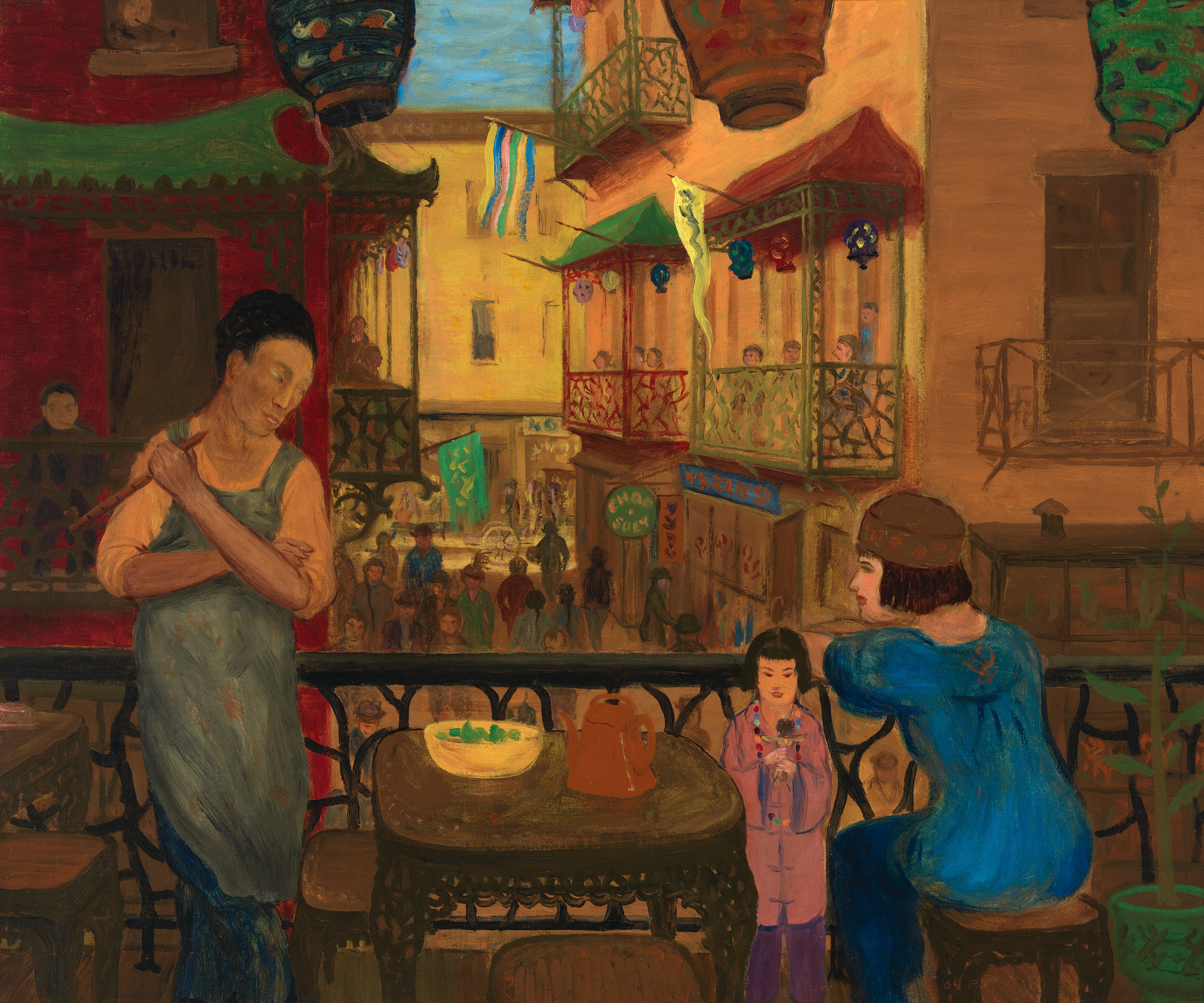 A colorful painting depicting a bustling street scene with a focus on three individuals in the foreground. On the left, a person in a blue apron stands with arms crossed, looking contemplatively to the side. In the center, a child in a pink outfit holds a small object, possibly a toy or a flower. On the right, a person in a blue dress sits at a table, facing away from the viewer and looking towards the child. The background is filled with detailed buildings, balconies adorned with flags and lanterns, and numerous small figures that suggest a lively community or market atmosphere.