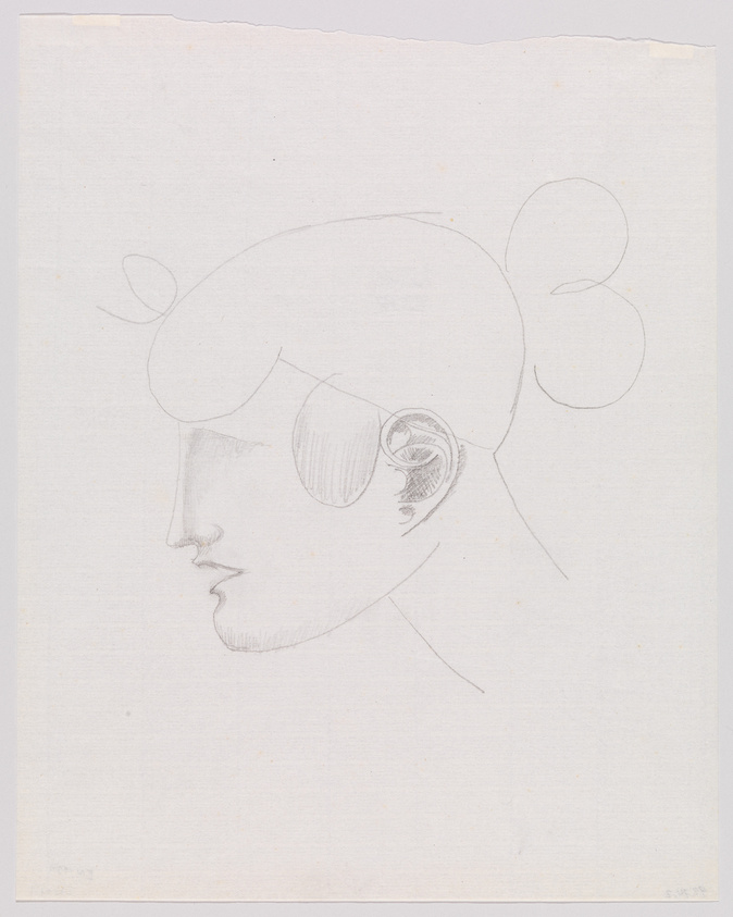 Pencil sketch of a stylized profile of a person's head with exaggerated features, including a large, detailed ear and hair tied in two large loops. The drawing is incomplete, with only the outline and some facial features like the nose and lips lightly detailed. The background is plain white paper with some signs of wear and age.