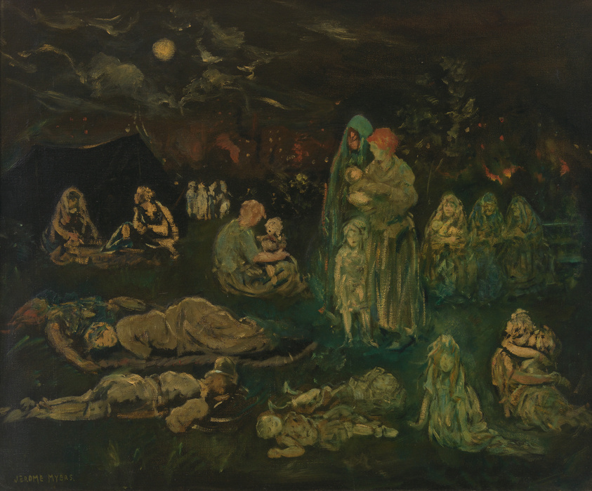 A nocturnal oil painting depicting a group of people in various states of rest and activity under a moonlit sky. Some figures are lying on the ground, seemingly asleep, while others are sitting or standing in small groups. A prominent figure in a green shawl holds a child, surrounded by other individuals in a central gathering. The scene is illuminated by a soft, eerie glow, suggesting a sense of intimacy and quietude amidst the darkness. The artist's signature, "Jerome Myers," is visible in the lower left corner.