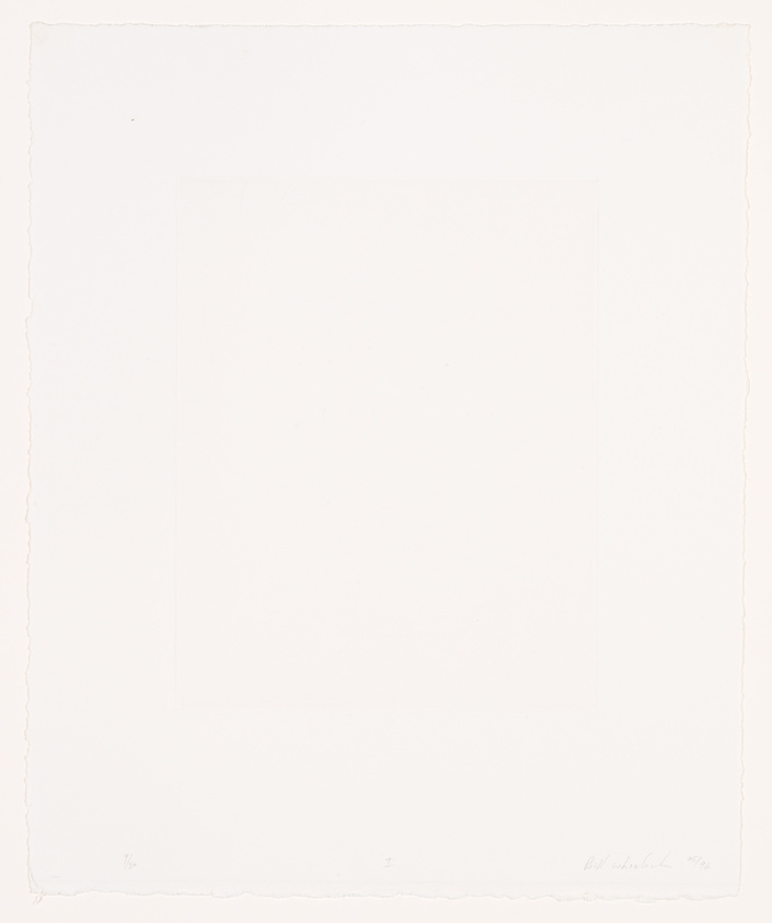 A minimalist artwork consisting of a white embossed square centered on a larger white paper canvas with rough edges, signed and dated by the artist in the bottom right corner.