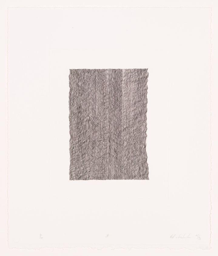 A grayscale abstract artwork featuring a textured rectangle in the center of a white background, with the texture resembling crumpled fabric or waves. The artwork is signed and numbered at the bottom.