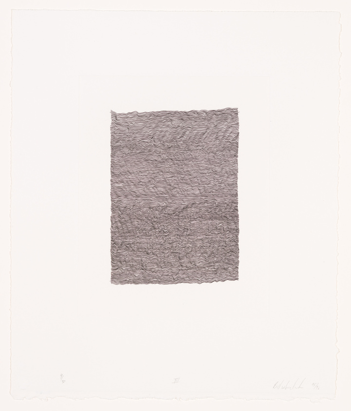 A textured abstract artwork centered on a white background, featuring a rectangular area filled with a dense pattern of wavy, horizontal lines in varying shades of gray. The piece is signed and numbered at the bottom.