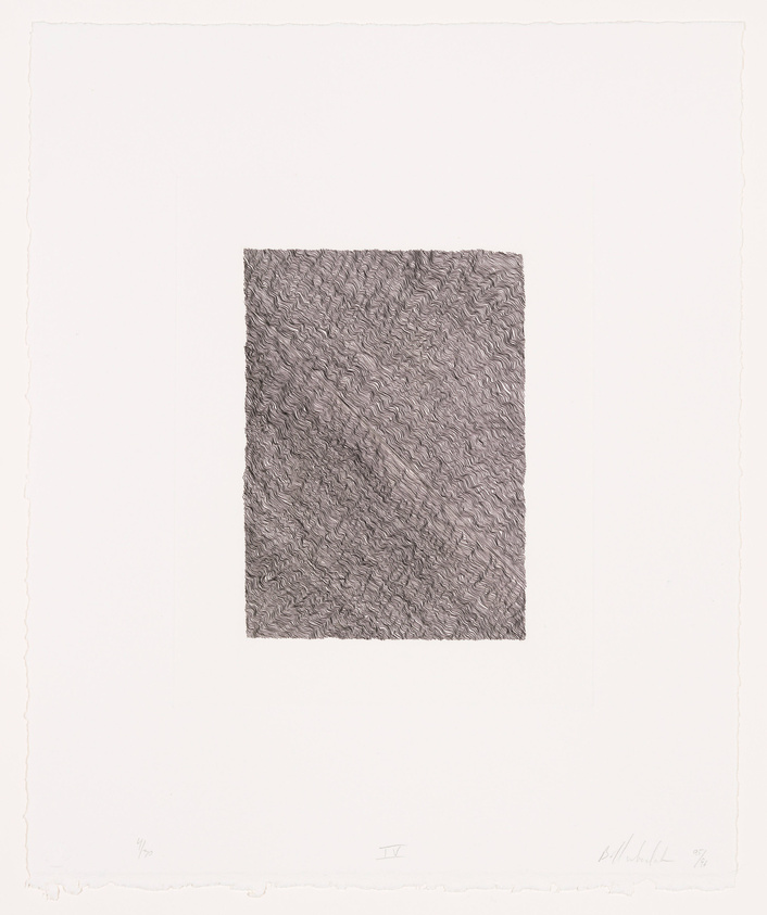 A grayscale abstract etching featuring a textured square centered on a white background with deckled edges. The square has a dynamic, wavy pattern, and there are artist's markings and a signature at the bottom.