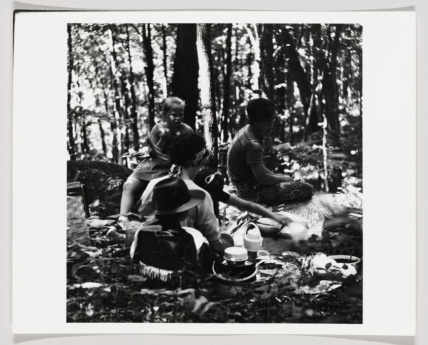 A black and white photo of a family picnic in a forest setting. A child sits on a fallen log with an adult behind them, while another adult sits on the ground facing away, and a child in a hat is seen from the back. There are picnic items spread out on a cloth.