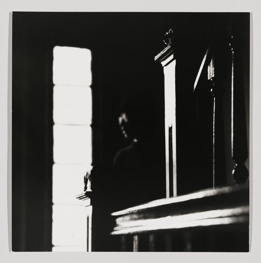 A high-contrast black and white photograph capturing the silhouette of a person's profile against a bright window with distinct architectural details, including columns and railings, creating a dramatic interplay of light and shadow.