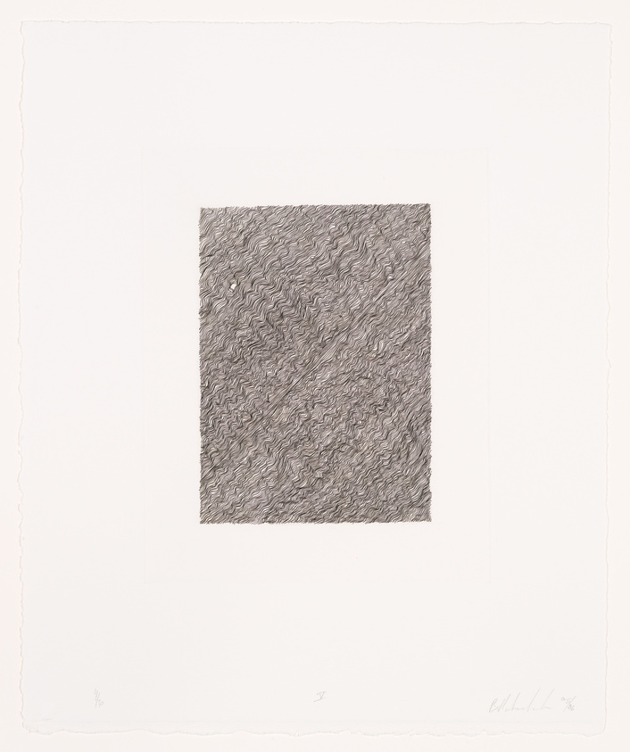 A grayscale abstract etching with a dense pattern of wavy lines centered on a white paper. The artwork is signed and numbered in pencil on the bottom edge.
