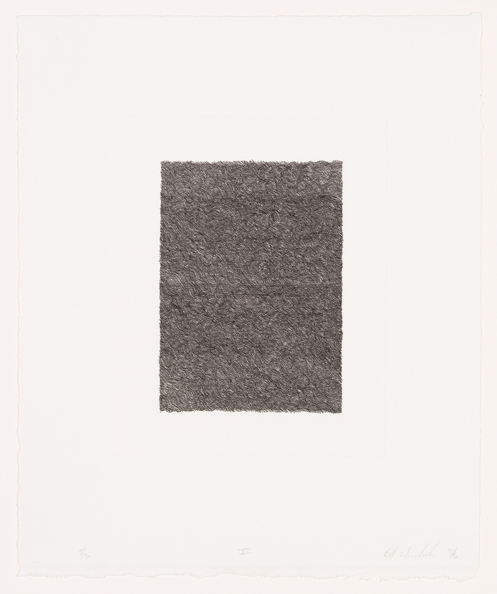 A black and white etching of a textured square centered on a white background, with the artist's signature and the year '78 in the lower right corner.