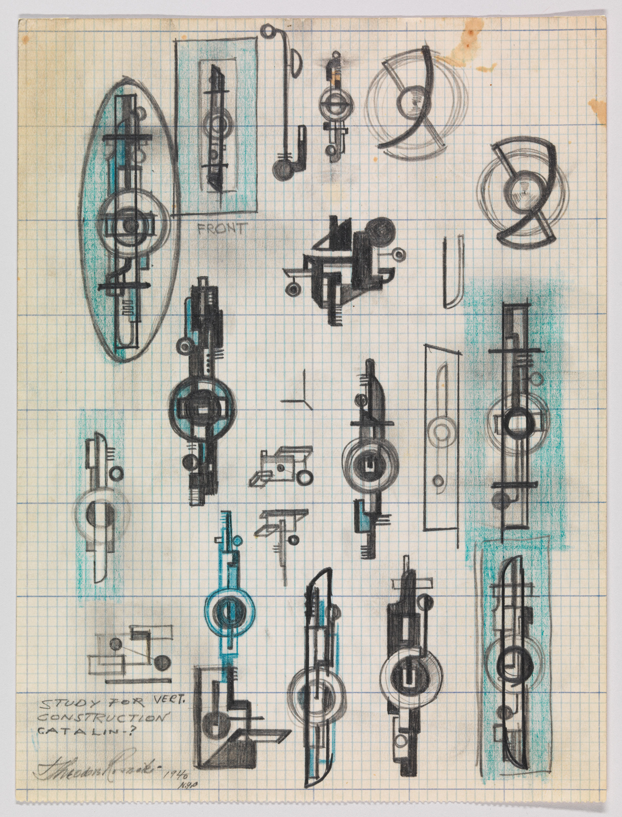 A detailed sketch on graph paper featuring a variety of mechanical parts and engineering drawings, including gears, levers, and complex assemblies. Some sections are highlighted with blue and green shading, and handwritten notes suggest it's a study for a vertical construction. The paper shows signs of wear with creases and stains, adding to the authenticity of a working document.