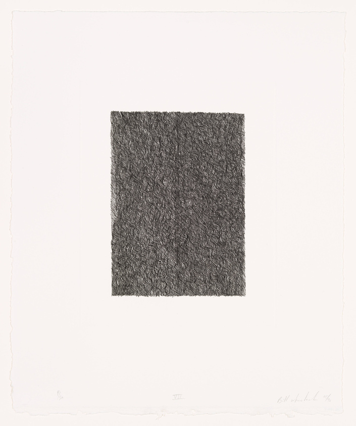 A black and white etching of a dense, textured square in the center of a white paper with rough edges. The square has a scribbled appearance, creating a sense of depth and intensity. There are artist's markings and a signature at the bottom right corner.