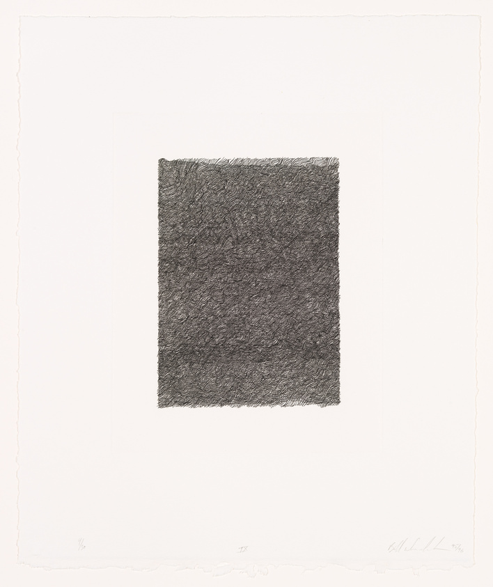 A black and white etching of a textured square centered on a white background, with artist's signature and edition number at the bottom.