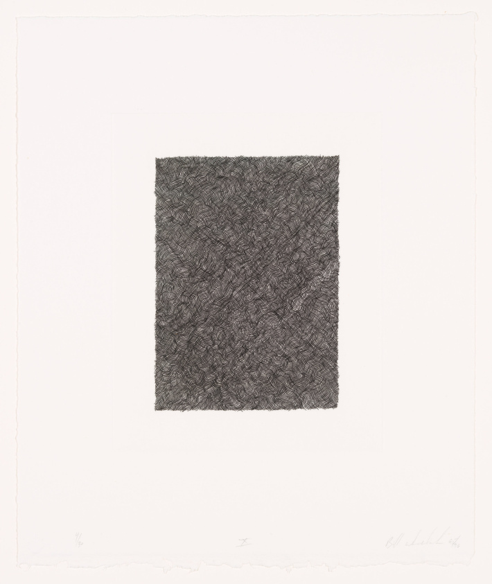 A black and white etching featuring a dense, textured square pattern in the center of the paper. The artwork is signed and numbered in pencil on the bottom edge.
