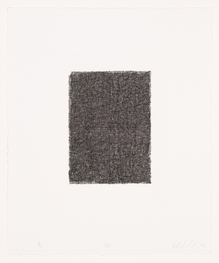 A black and white etching featuring a dense, textured square in the center of the paper with a clear margin around it. The square is composed of numerous fine, scribbled lines creating a sense of depth and intensity. The paper's edges appear rough, suggesting it may be a high-quality, hand-made type. There are signatures and possibly edition numbers at the bottom, indicating it's a work of art.