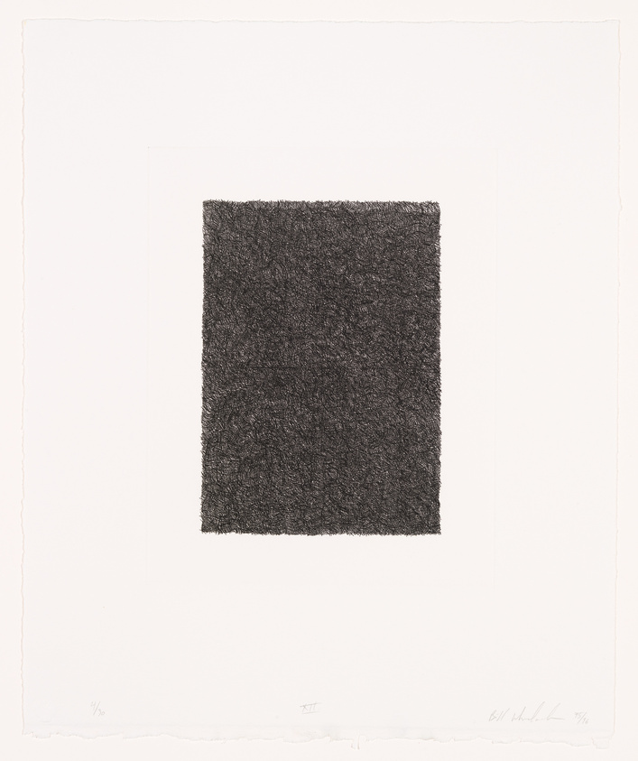 A monochromatic etching featuring a dense, textured black square centered on a white paper background. The artwork has a rough, scribbled appearance within the square and is signed and numbered by the artist in the lower margin.