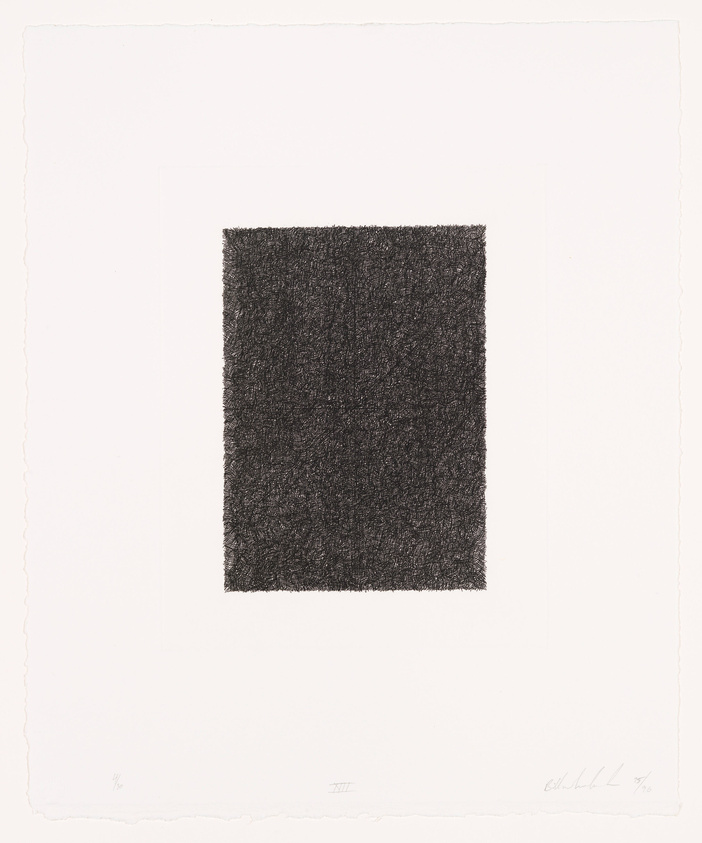 A black and white artwork featuring a dense, textured black rectangle centered on a white background with deckled edges. The bottom right corner contains a signature and edition number, while the bottom left corner has a symbol or mark.