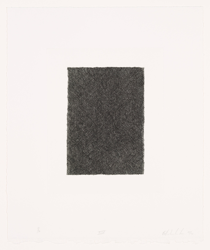 A black and white etching featuring a dense, textured black square centered on a white paper with rough edges. The artwork is signed and numbered in pencil along the bottom edge.