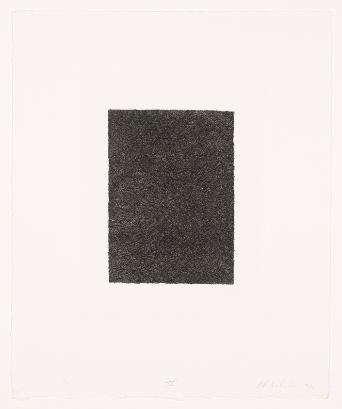 A monochromatic artwork featuring a dense, textured black rectangle centered on a white background. The piece is signed and numbered in the lower right corner, suggesting it's part of a limited series. The paper's edges are rough, indicating it may be a print or etching on high-quality, heavyweight paper.