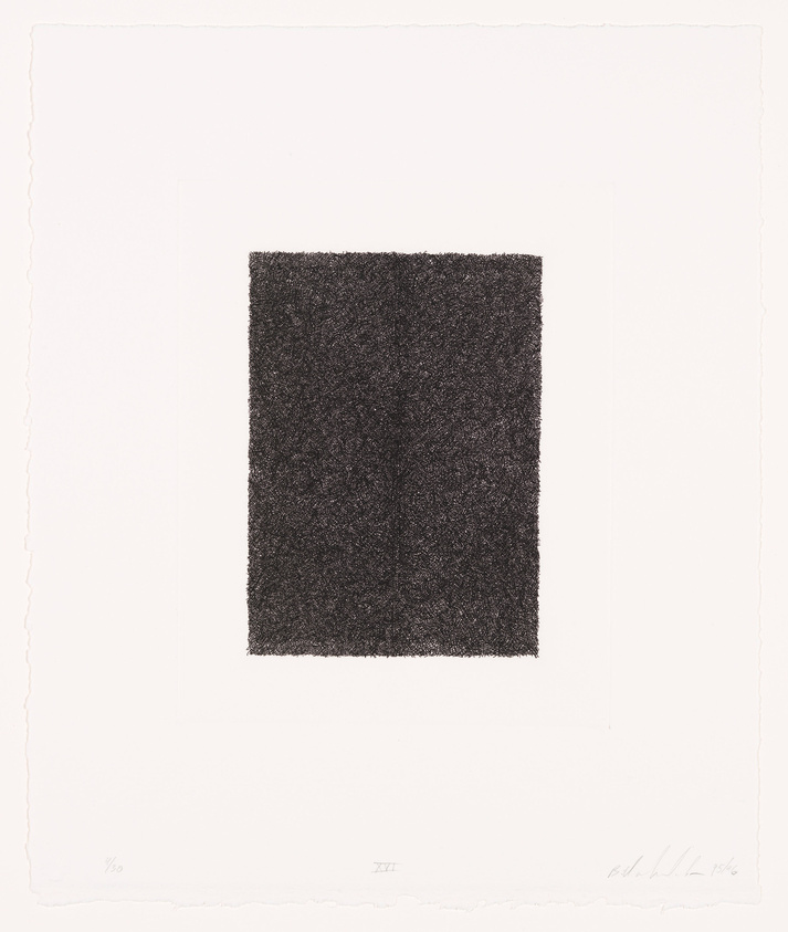 A minimalist artwork featuring a dense, black square centered on a white background with rough paper edges. The square has a textured appearance, suggesting a concentration of fine, scribbled lines or marks. Below the square, on the left side, there is a fraction "1/30", indicating this might be a limited print edition. To the right, there are inscriptions that appear to be a roman numeral "XII" and a signature with the date "1986".