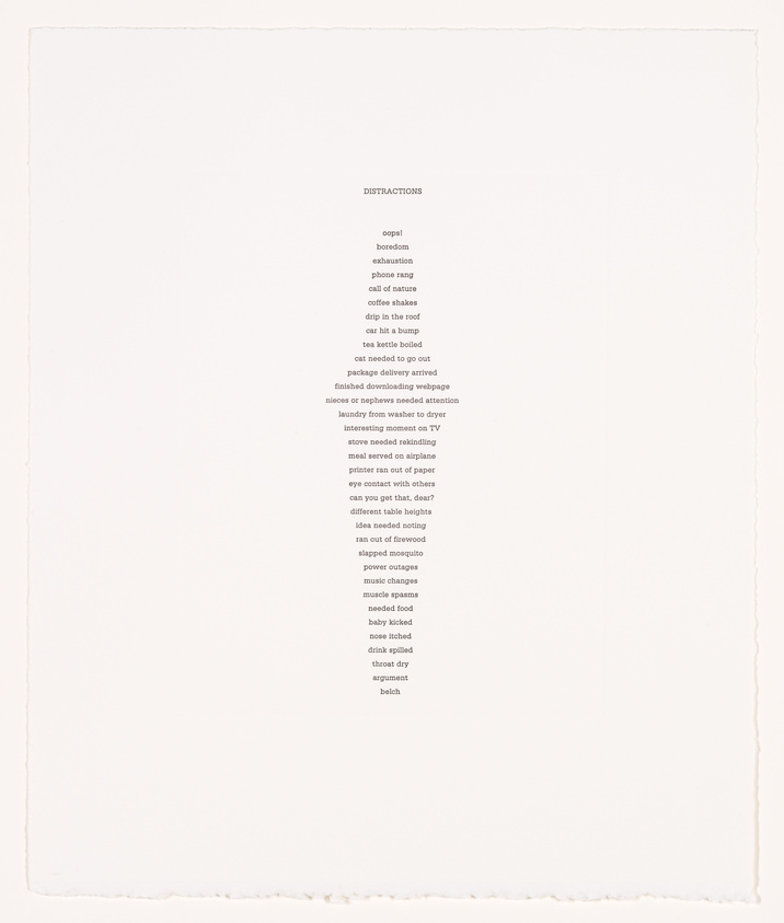 A photograph of a white paper with a list titled "DISTRACTIONS" at the top, featuring various common interruptions such as "phone rang," "coffee shakes," "cat needed to get out," and "baby kicked." The text is aligned to the upper right corner of the paper, which has rough edges, suggesting it may be a high-quality or handmade paper.