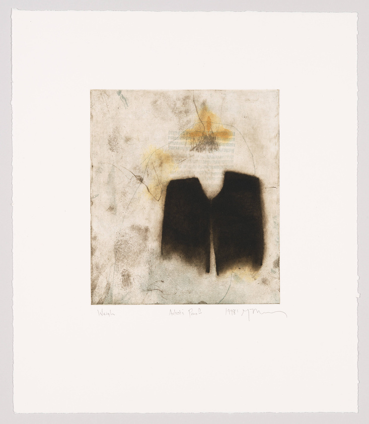 An abstract artwork featuring a central dark shape resembling a pair of pants against a textured, muted background with faint traces of yellow and blue. The piece is signed and titled at the bottom.
