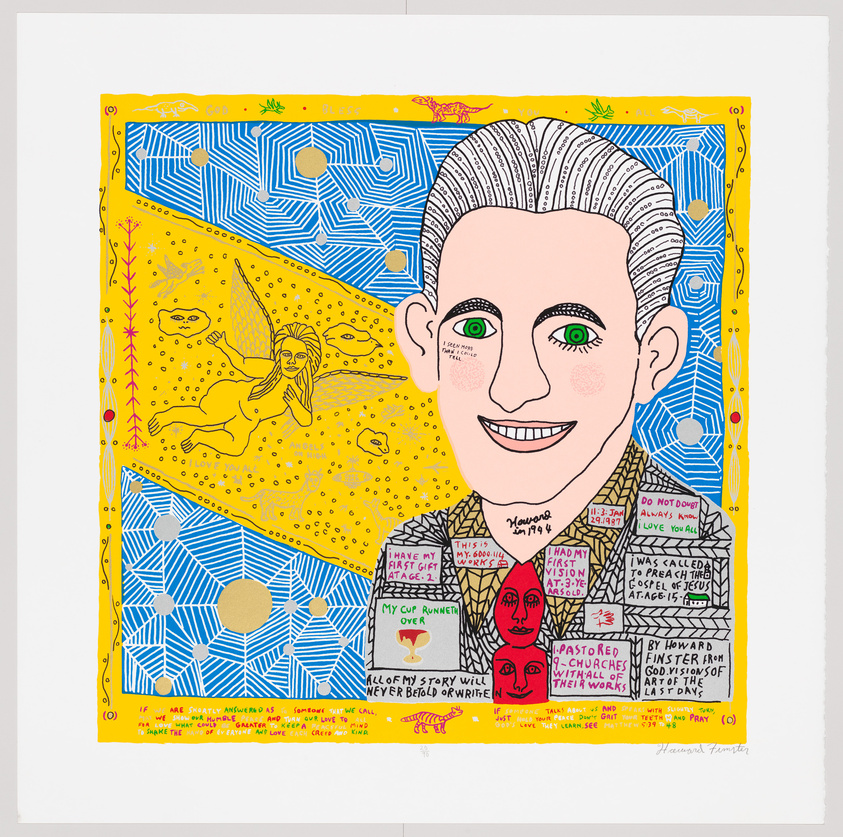 A colorful and intricate artwork featuring a stylized portrait of a smiling man with green eyes and neatly combed hair at the center. The background is divided into two main sections with a yellow upper half containing a labyrinth pattern and a blue lower half with a sun motif. Surrounding the central figure are various texts, symbols, and smaller drawings, including a figure of a winged person, possibly an angel, and other abstract and figurative elements. The image is framed by a bright yellow border with additional text and symbols. The artwork is signed at the bottom right.